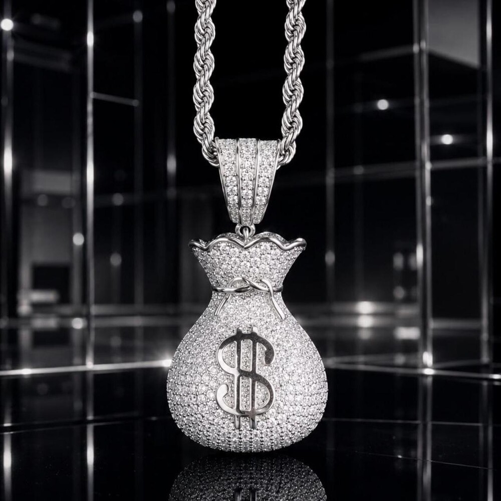 Money Bag Pendant Necklace With rope chain 24inch